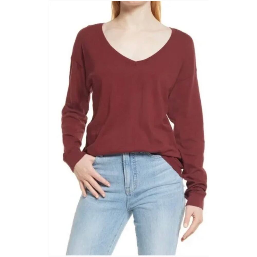 Madewell | NWT | MED | Burgundy Softfade Cotton Relaxed V-Neck Long Sleeve Tee